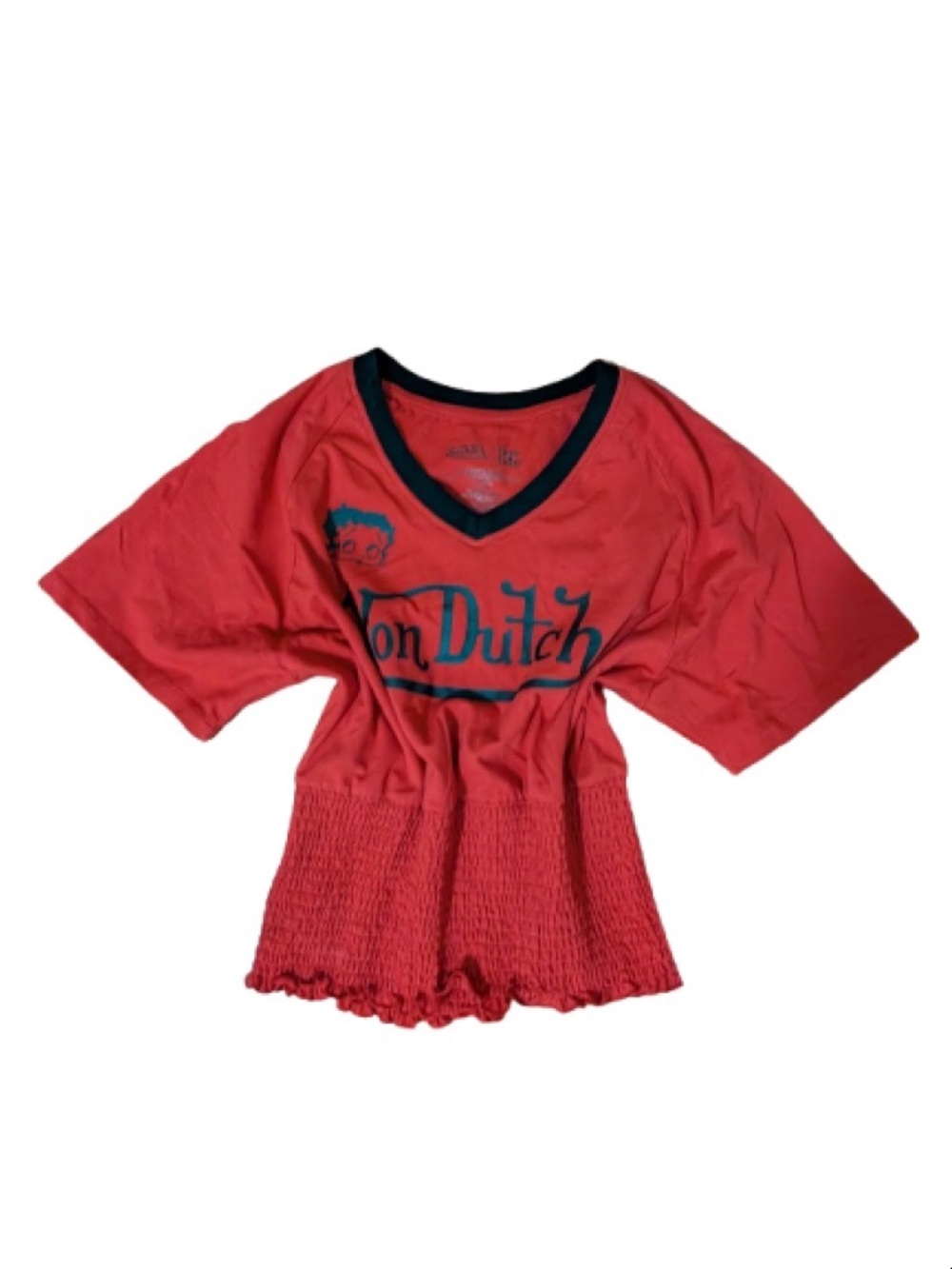Von Dutch x Betty Boop Red V-Neck Smocked Waist Tee with Black Trim